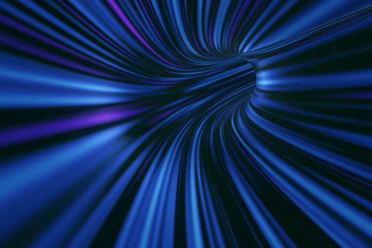 Blue curve tunnel with led glowing lights. Concept for fast business technology. 3D illustration rendering.