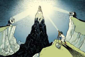 A pile of evidence is illuminated from three different locations to illustrate the technique of ‘triangulation’.